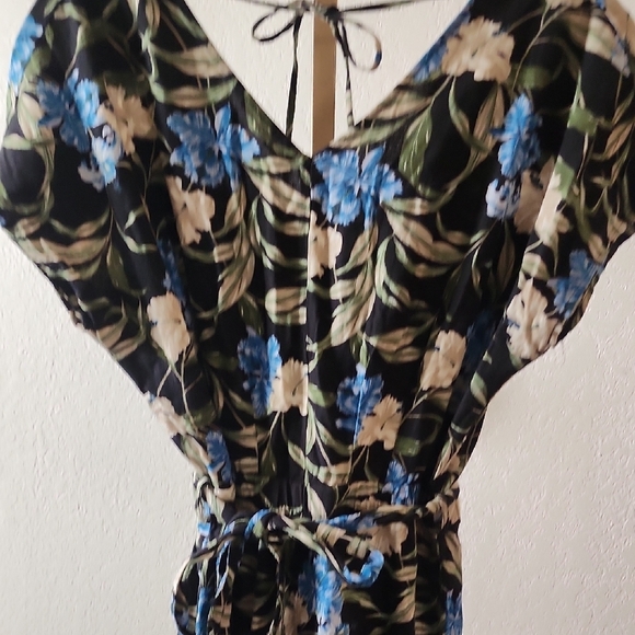 Kensie Black Floral Jumpsuit with Blue and White Accents - Picture 6 of 7